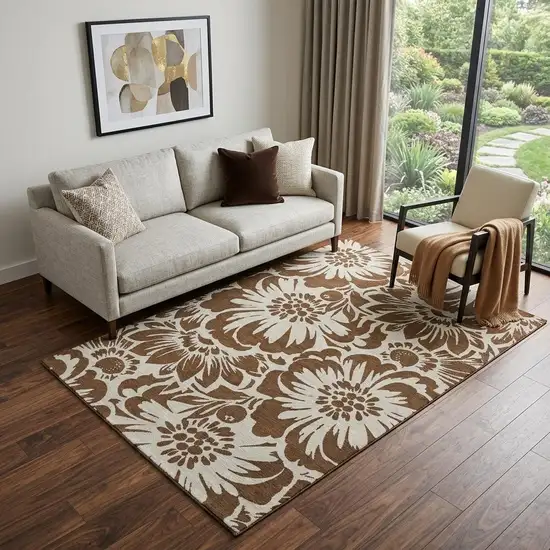 Brown And Ivory Floral Washable Area Rug With UV Protection Photo 1