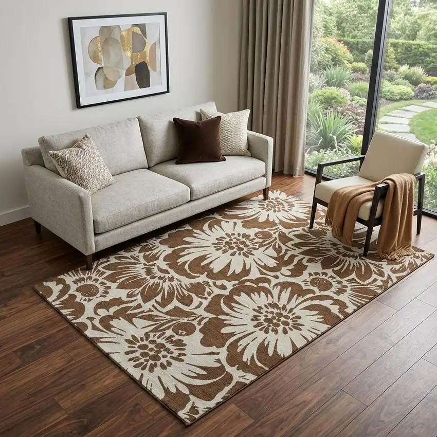 Brown And Ivory Floral Washable Area Rug With UV Protection Photo 1