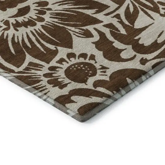Brown And Ivory Floral Washable Area Rug With UV Protection Photo 8