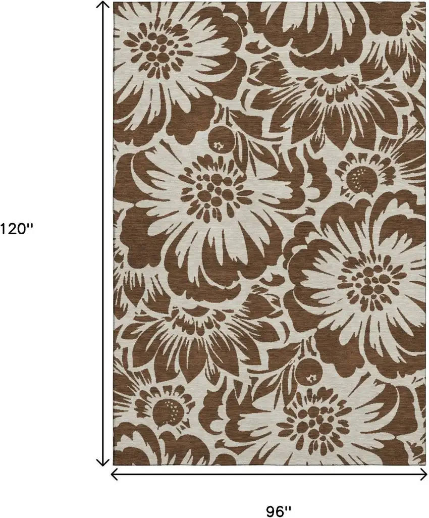 Brown And Ivory Floral Washable Area Rug With UV Protection Photo 3