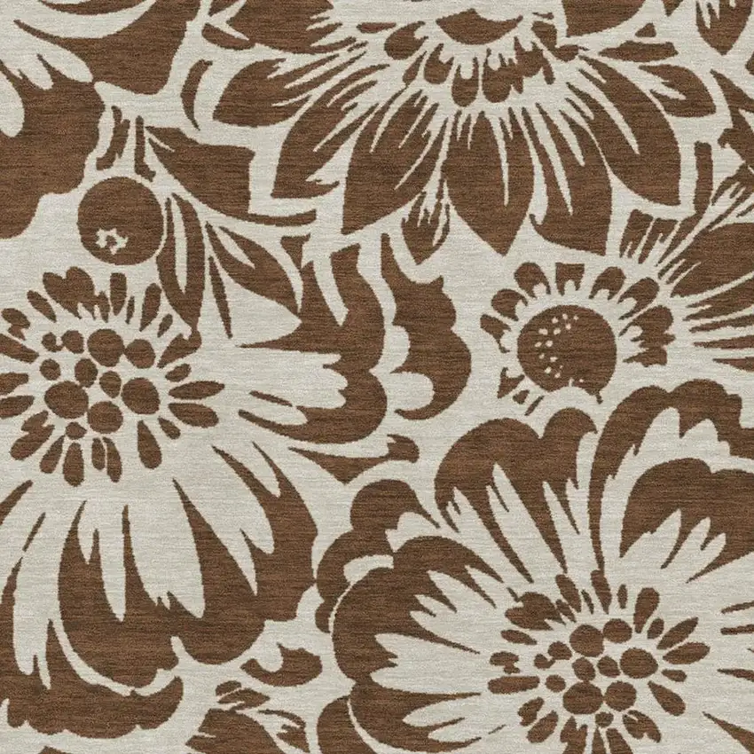 Brown And Ivory Floral Washable Area Rug With UV Protection Photo 3