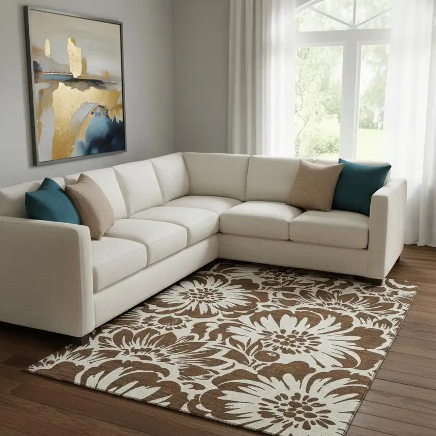 Brown And Ivory Floral Washable Area Rug With UV Protection Photo 1