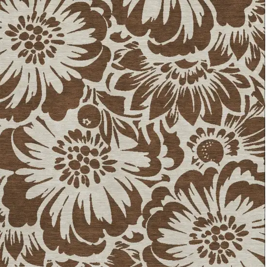 Brown And Ivory Floral Washable Area Rug With UV Protection Photo 4