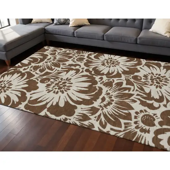 Brown And Ivory Floral Washable Area Rug With UV Protection Photo 2