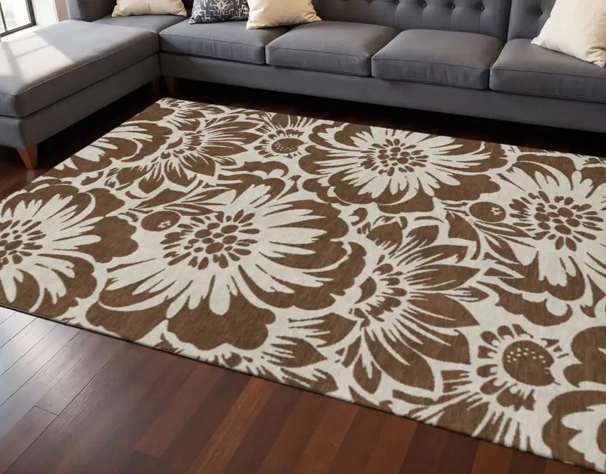 Brown And Ivory Floral Washable Area Rug With UV Protection Photo 2
