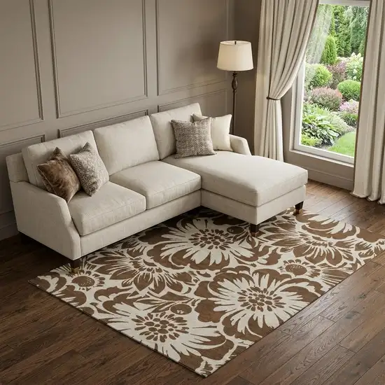 Brown And Ivory Floral Washable Area Rug With UV Protection Photo 1