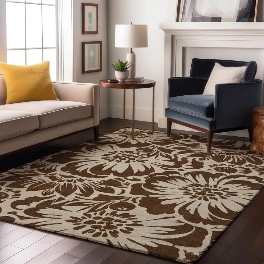 Brown And Ivory Floral Washable Area Rug With UV Protection Photo 5