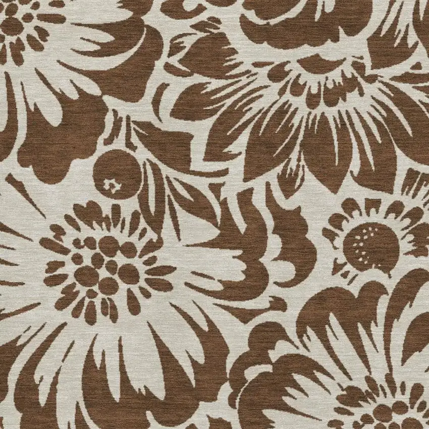 Brown And Ivory Floral Washable Area Rug With UV Protection Photo 3