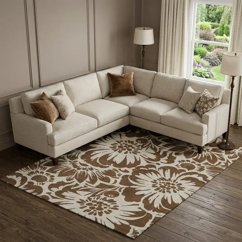 Brown And Ivory Floral Washable Area Rug With UV Protection Photo 1