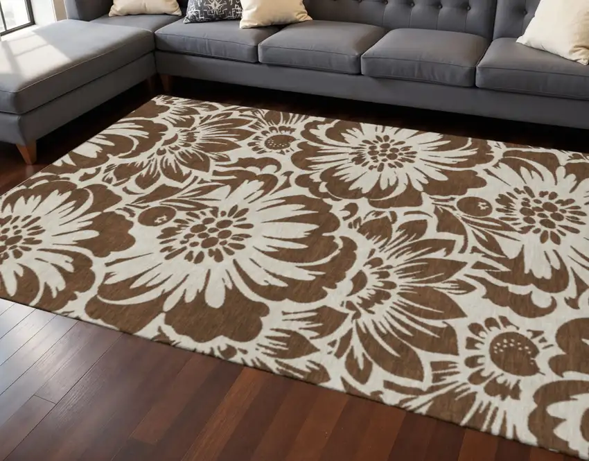 Brown And Ivory Floral Washable Area Rug With UV Protection Photo 2