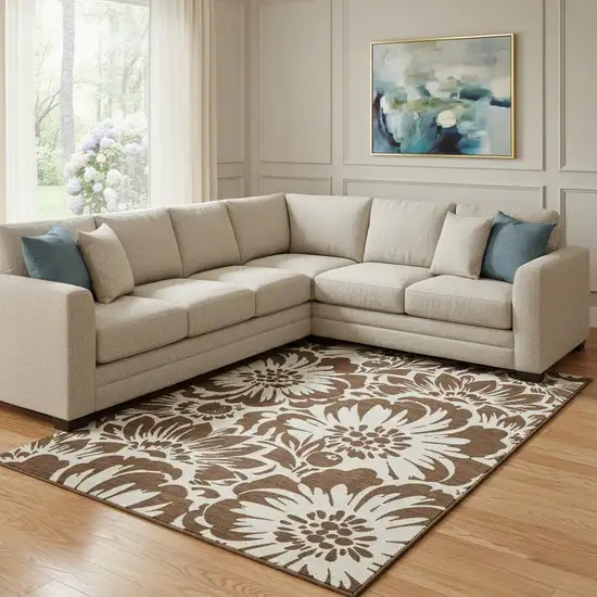 Brown And Ivory Floral Washable Area Rug With UV Protection Photo 1