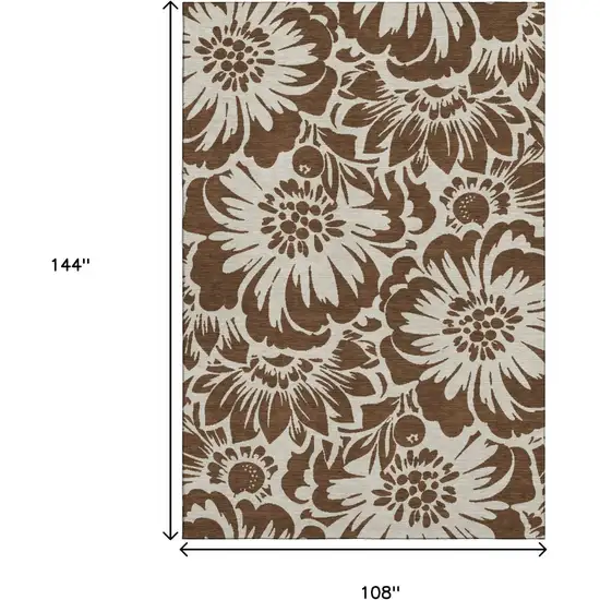 Brown And Ivory Floral Washable Area Rug With UV Protection Photo 3