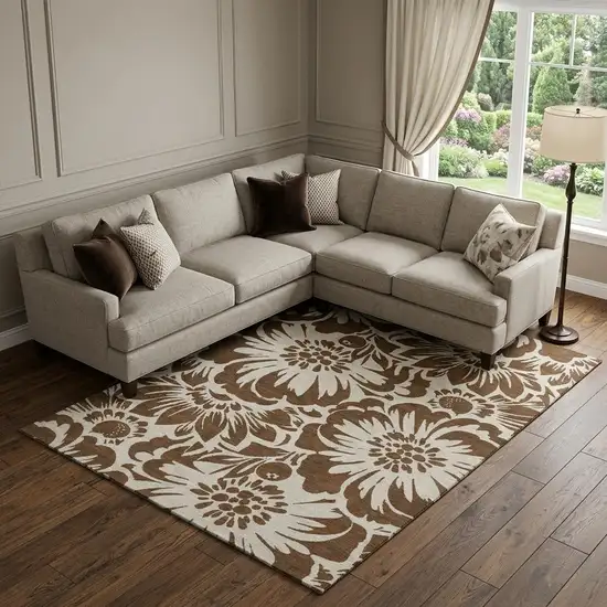 Brown And Ivory Floral Washable Area Rug With UV Protection Photo 1
