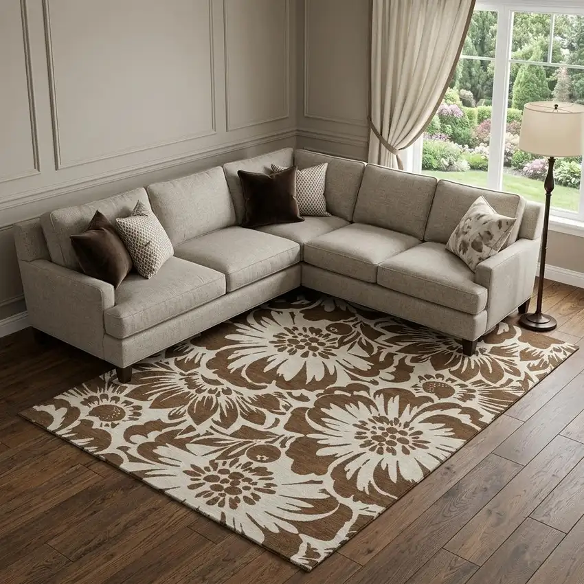 Brown And Ivory Floral Washable Area Rug With UV Protection Photo 1