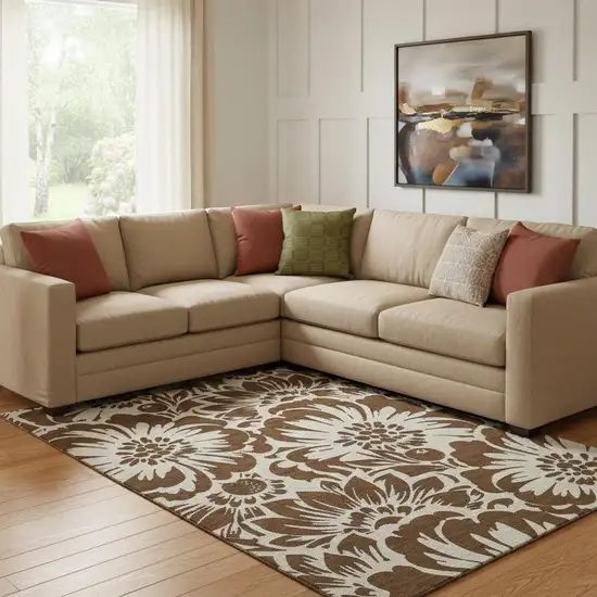 Brown And Ivory Floral Washable Area Rug With UV Protection Photo 1