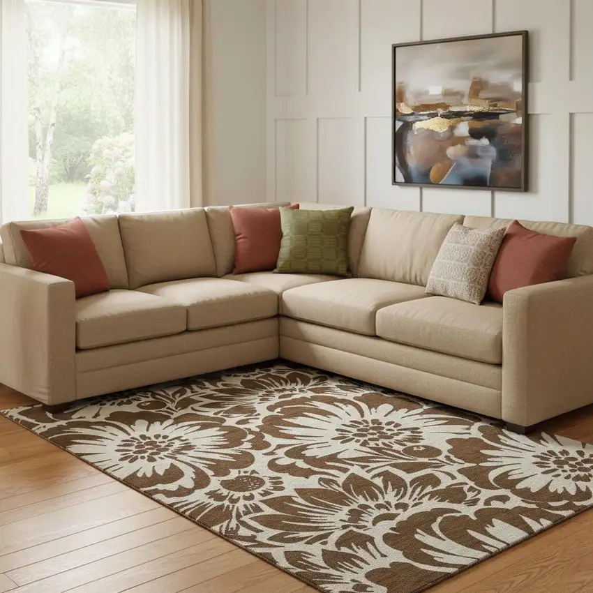 Brown And Ivory Floral Washable Area Rug With UV Protection Photo 1