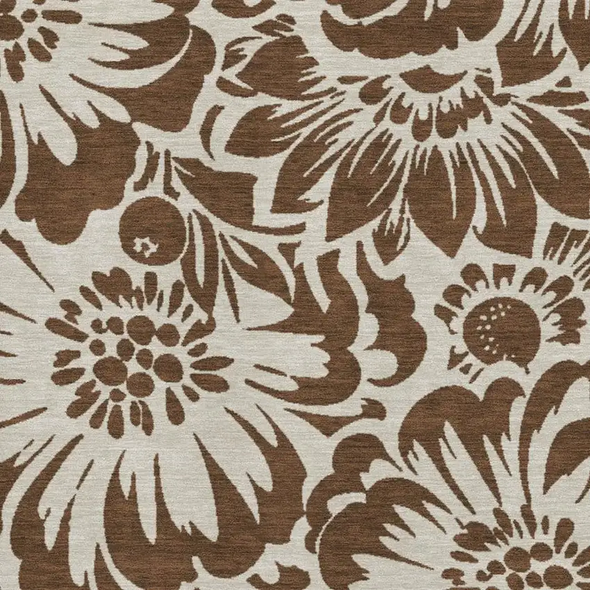 Brown And Ivory Floral Washable Area Rug With UV Protection Photo 3