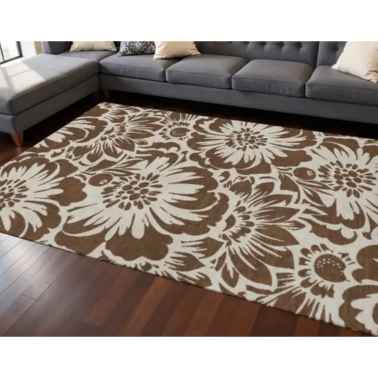 Brown And Ivory Floral Washable Area Rug With UV Protection Photo 2