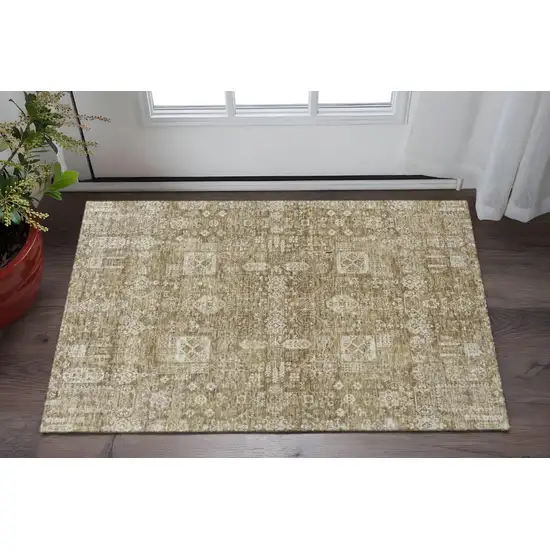 Brown And Ivory Floral Washable Area Rug With UV Protection Photo 2