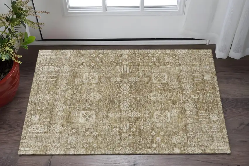 Brown And Ivory Floral Washable Area Rug With UV Protection Photo 2