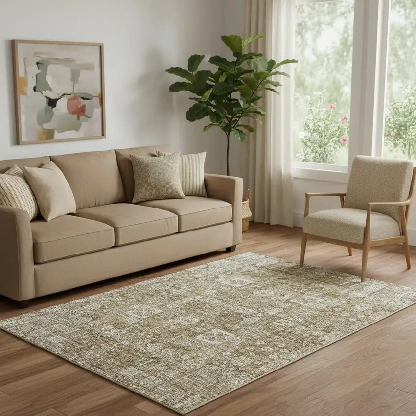 Brown And Ivory Floral Washable Area Rug With UV Protection Photo 1