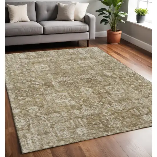 Brown And Ivory Floral Washable Area Rug With UV Protection Photo 2