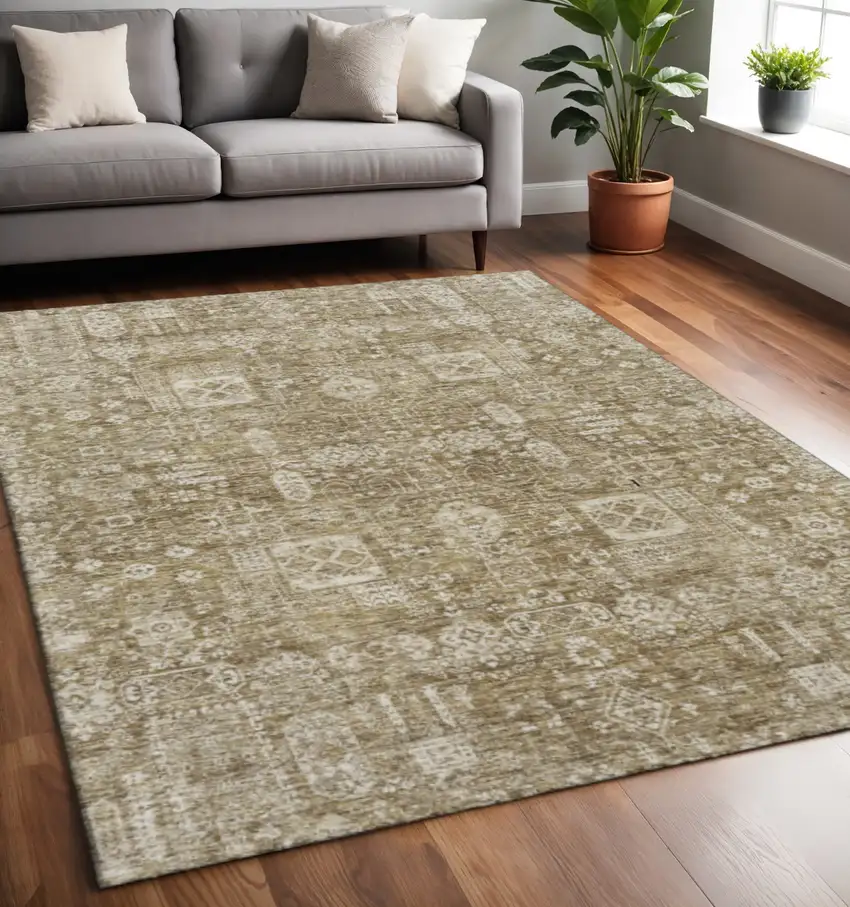 Brown And Ivory Floral Washable Area Rug With UV Protection Photo 2
