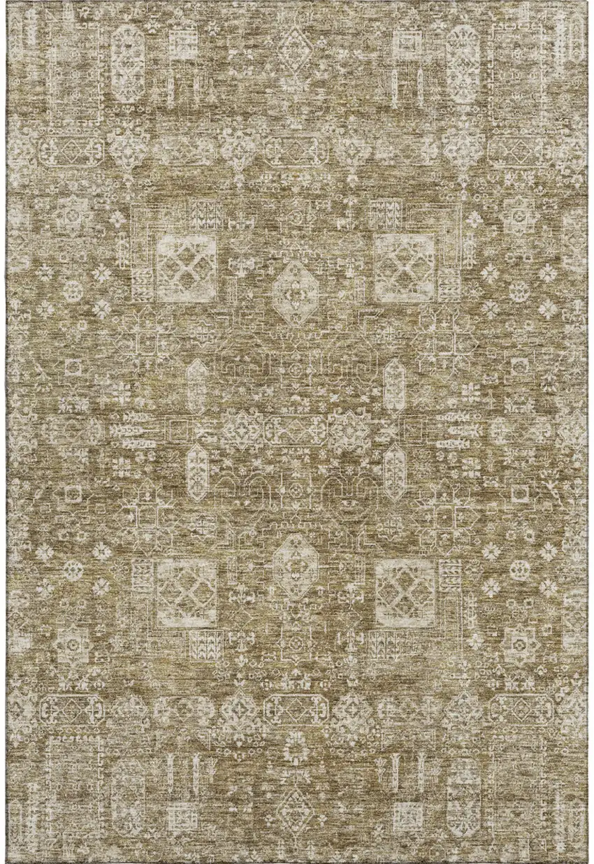 Brown And Ivory Floral Washable Area Rug With UV Protection Photo 1