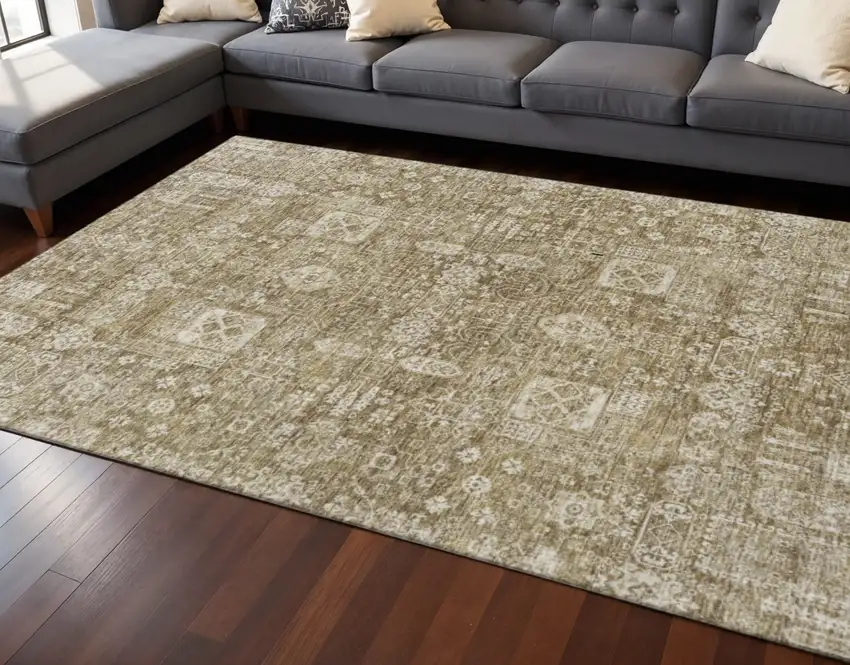 Brown And Ivory Floral Washable Area Rug With UV Protection Photo 2