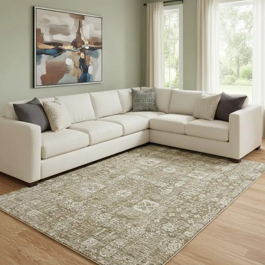 Brown And Ivory Floral Washable Area Rug With UV Protection Photo 1