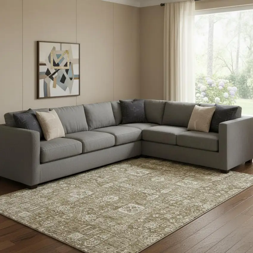 Brown And Ivory Floral Washable Area Rug With UV Protection Photo 1