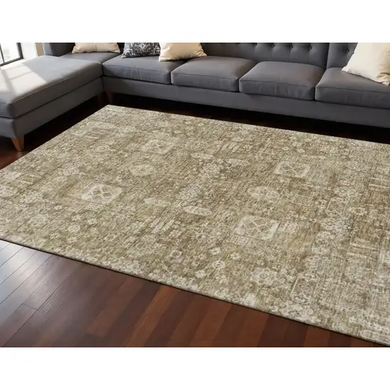 Brown And Ivory Floral Washable Area Rug With UV Protection Photo 2