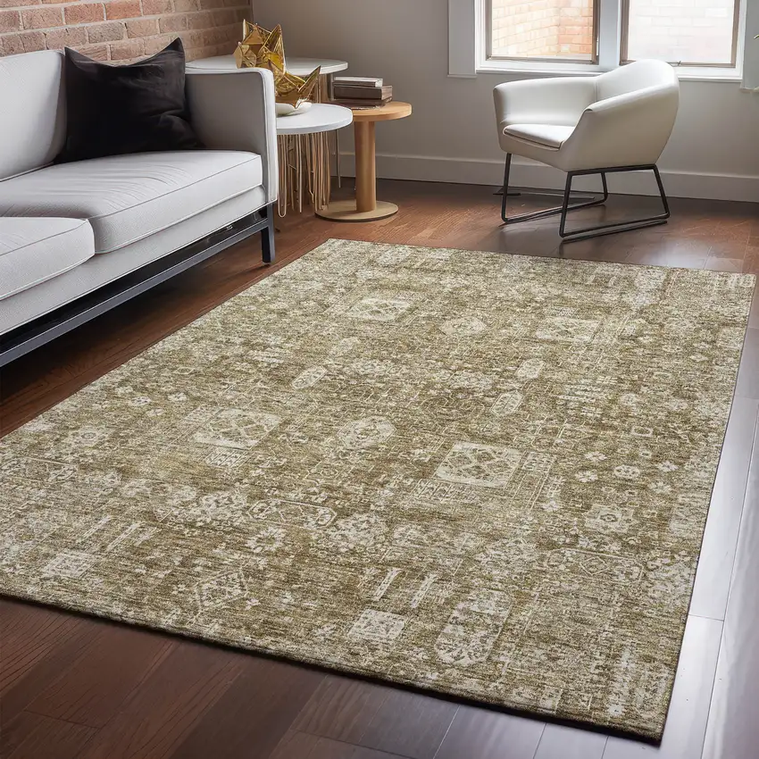 Brown And Ivory Floral Washable Area Rug With UV Protection Photo 3