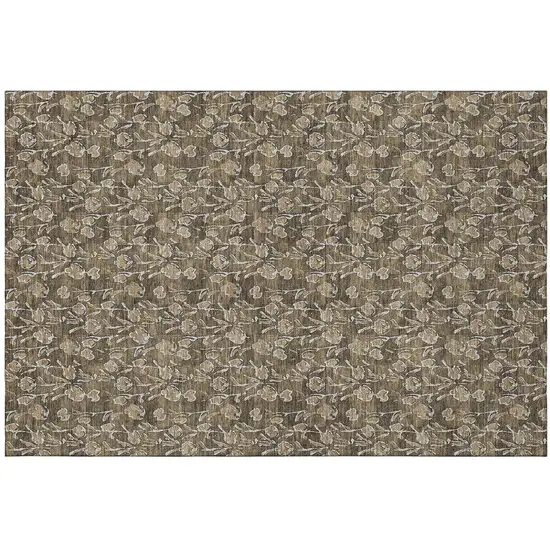 Brown And Ivory Floral Washable Area Rug With UV Protection Photo 2