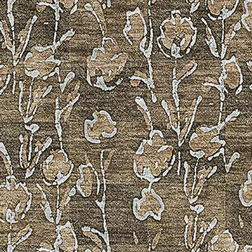 Brown And Ivory Floral Washable Area Rug With UV Protection Photo 4