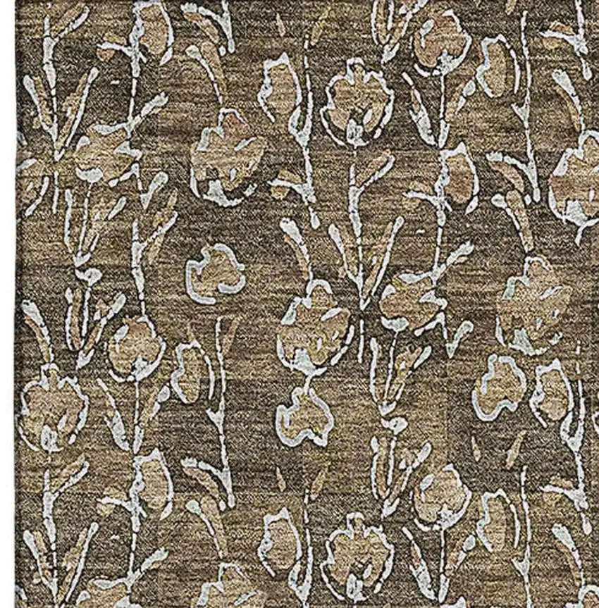 Brown And Ivory Floral Washable Area Rug With UV Protection Photo 3