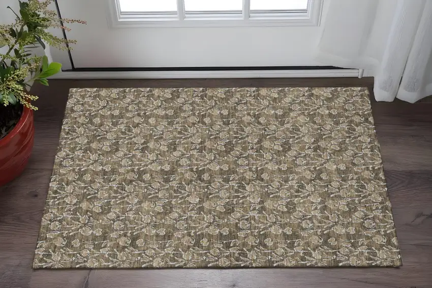 Brown And Ivory Floral Washable Area Rug With UV Protection Photo 2