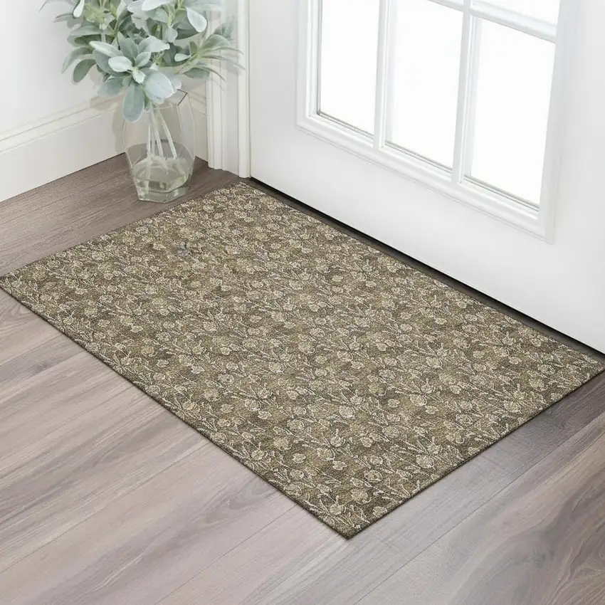 Brown And Ivory Floral Washable Area Rug With UV Protection Photo 1