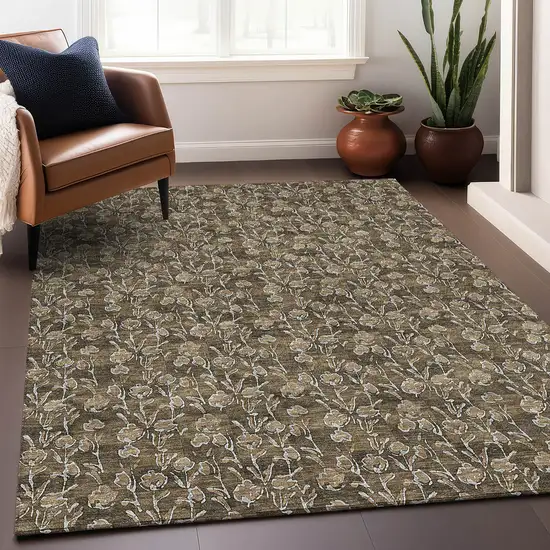 Brown And Ivory Floral Washable Area Rug With UV Protection Photo 4