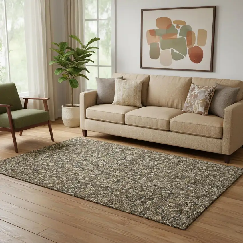 Brown And Ivory Floral Washable Area Rug With UV Protection Photo 1