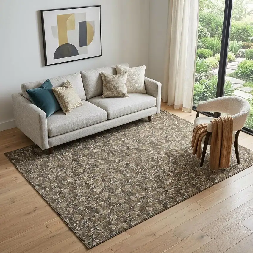 Brown And Ivory Floral Washable Area Rug With UV Protection Photo 1