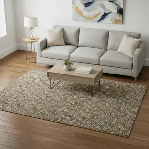 Photo of Brown And Ivory Floral Washable Area Rug With UV Protection