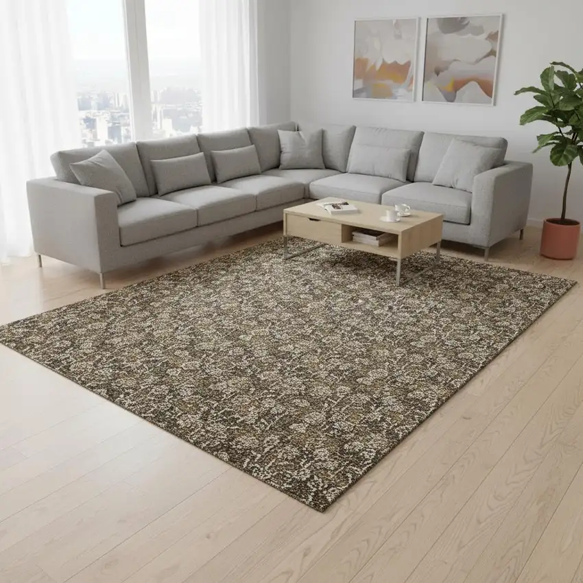 Brown And Ivory Floral Washable Area Rug With UV Protection Photo 1
