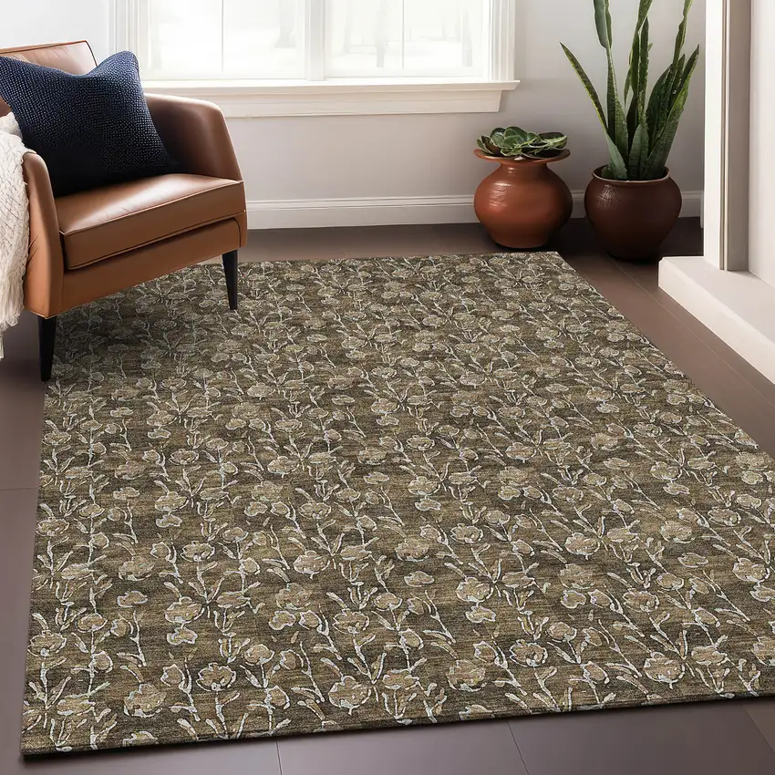 Brown And Ivory Floral Washable Area Rug With UV Protection Photo 4