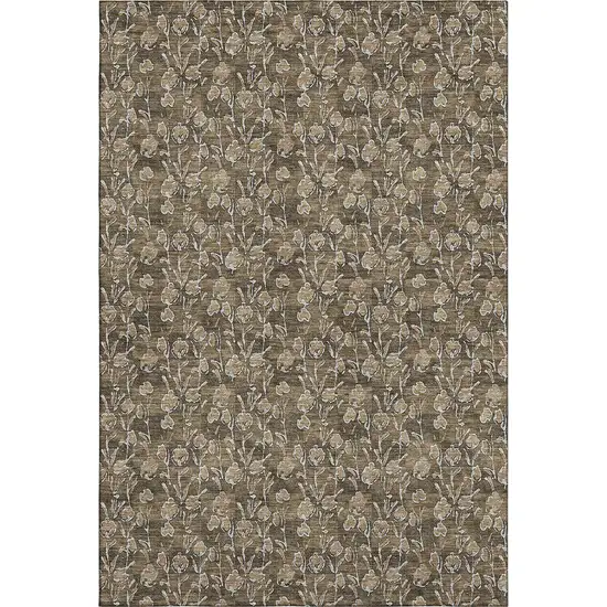 Brown And Ivory Floral Washable Area Rug With UV Protection Photo 2