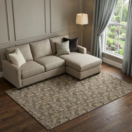 Brown And Ivory Floral Washable Area Rug With UV Protection Photo 1