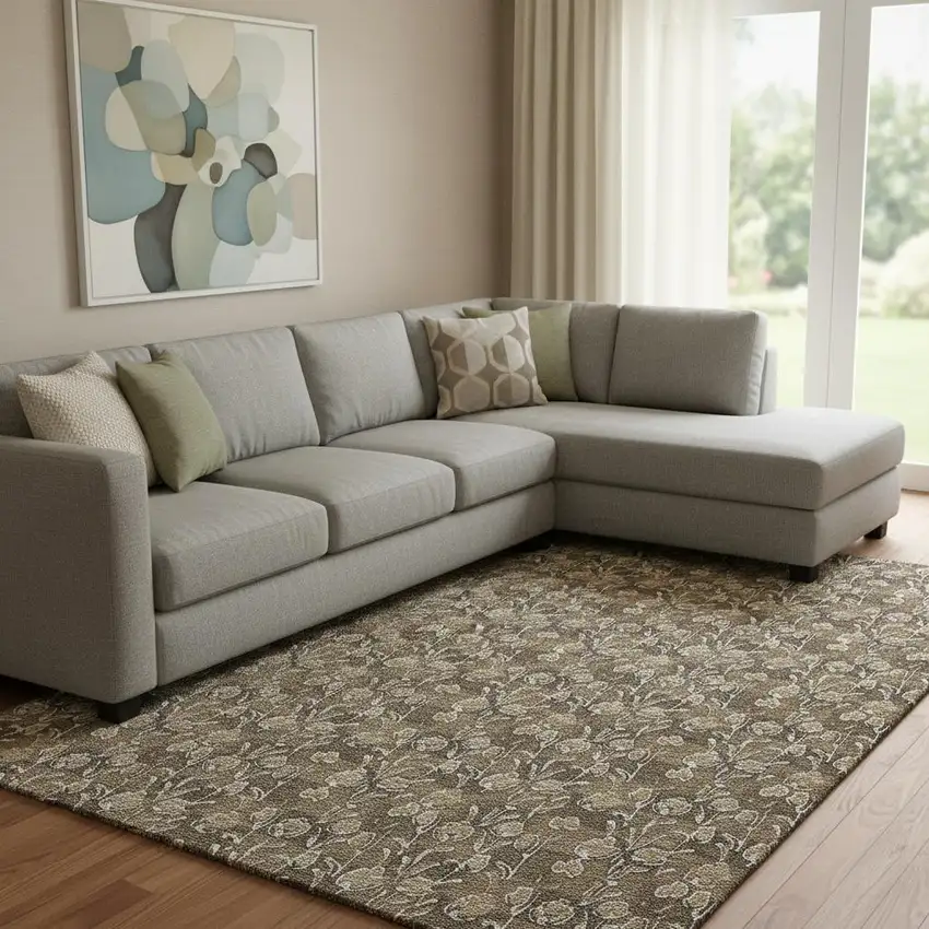 Brown And Ivory Floral Washable Area Rug With UV Protection Photo 1