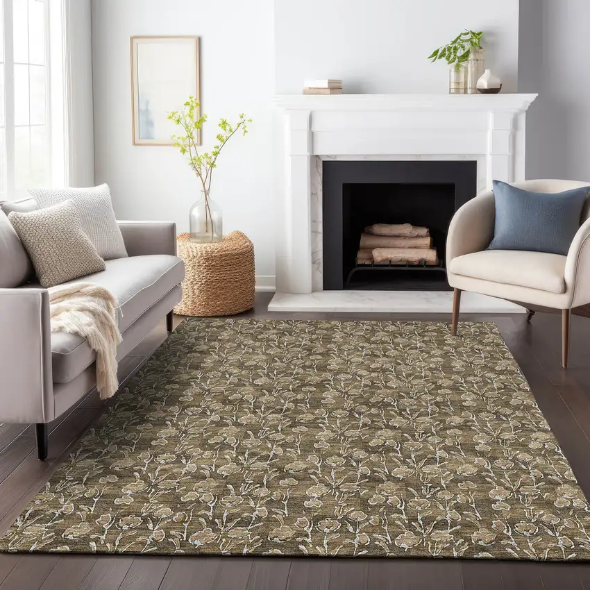 Brown And Ivory Floral Washable Area Rug With UV Protection Photo 5
