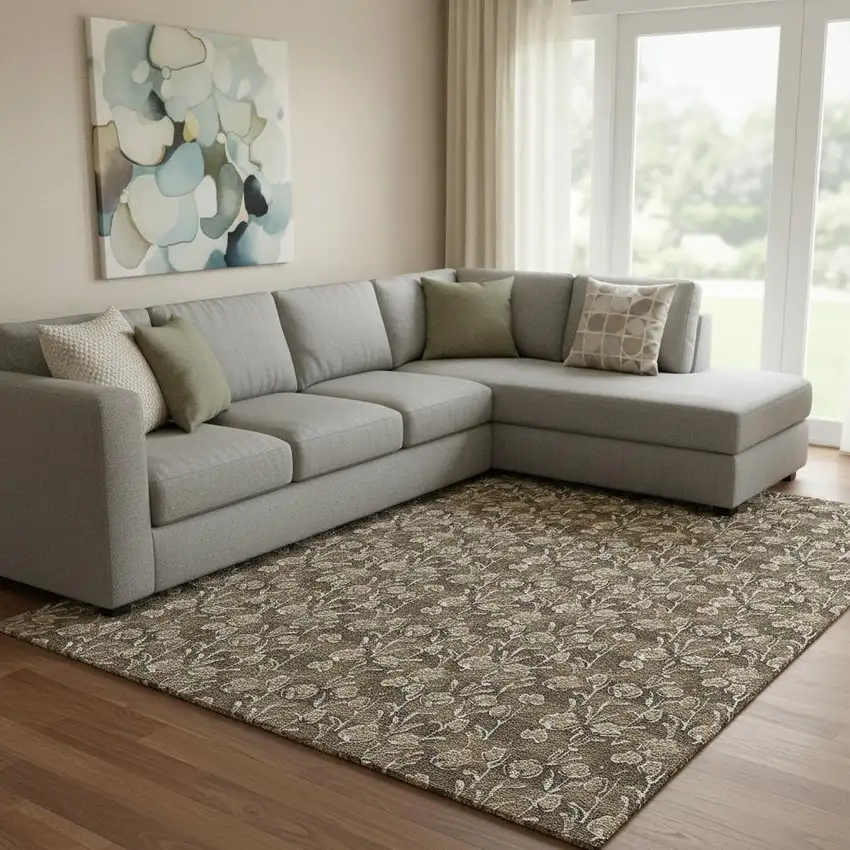 Brown And Ivory Floral Washable Area Rug With UV Protection Photo 1