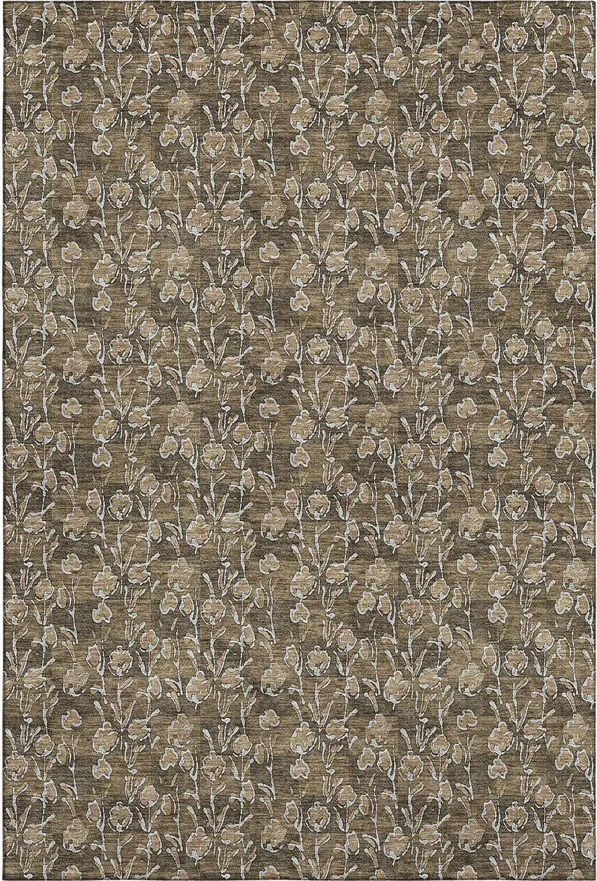Brown And Ivory Floral Washable Area Rug With UV Protection Photo 2